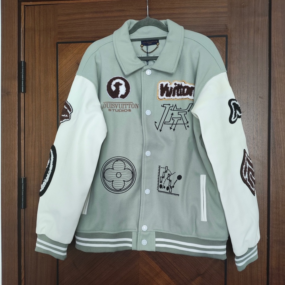 Louis Vuitton Sage Green & Cream Varsity Jacket with Patch Details